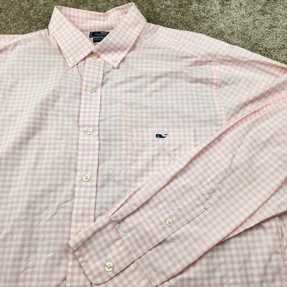 Vineyard Vines Performance Slim Fit Tucker Shirt Pink Gingham XL Nylon Mens
